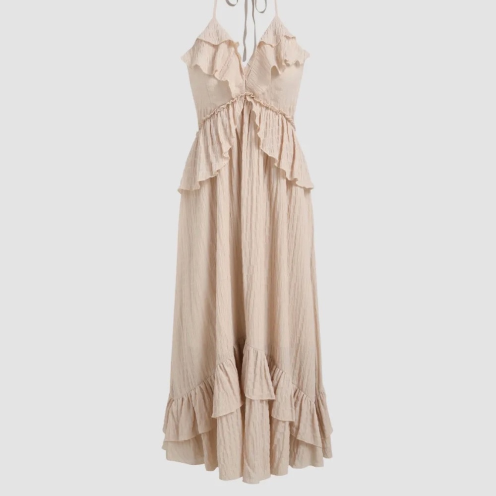 Cider Texture V-neck Ruffle Knotted Maxi Dress